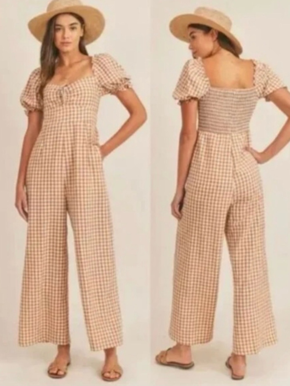 Mable Smocked checkered Jumpsuit in Beige